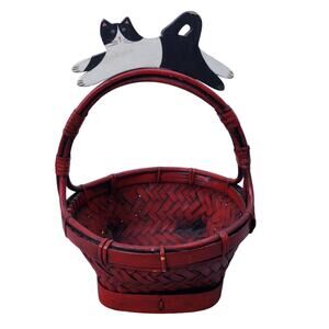 Collectible Red Reed Woven Wicker Basket Black & White Cat Design Home Decor